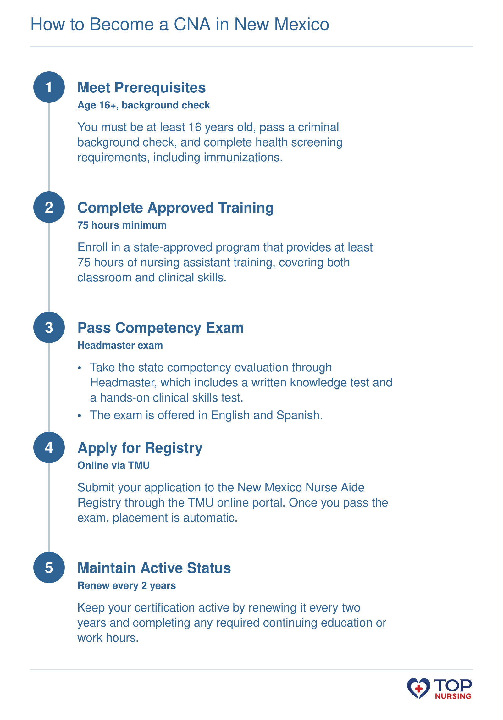 Five-step sequence to become a CNA in New Mexico: meet prerequisites, complete 75-hour training, pass the Headmaster exam, apply for the NM Nurse Aide Registry, and maintain active status.