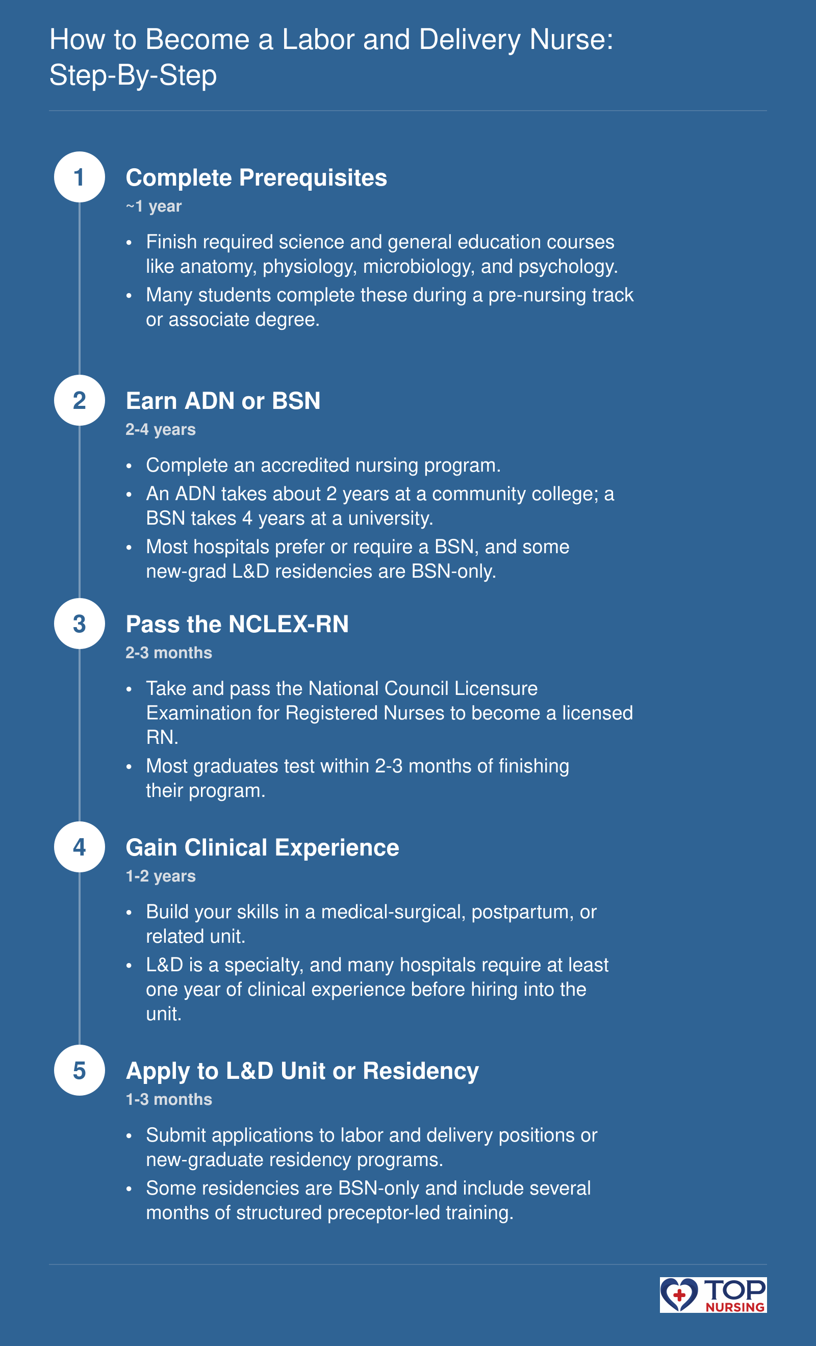 Infographic showing a 5-step sequence to become an L&D nurse: prerequisites (about 1 year), nursing degree (2-4 years), NCLEX (2-3 months), clinical experience (1-2 years), and applying to L&D (1-3 months).