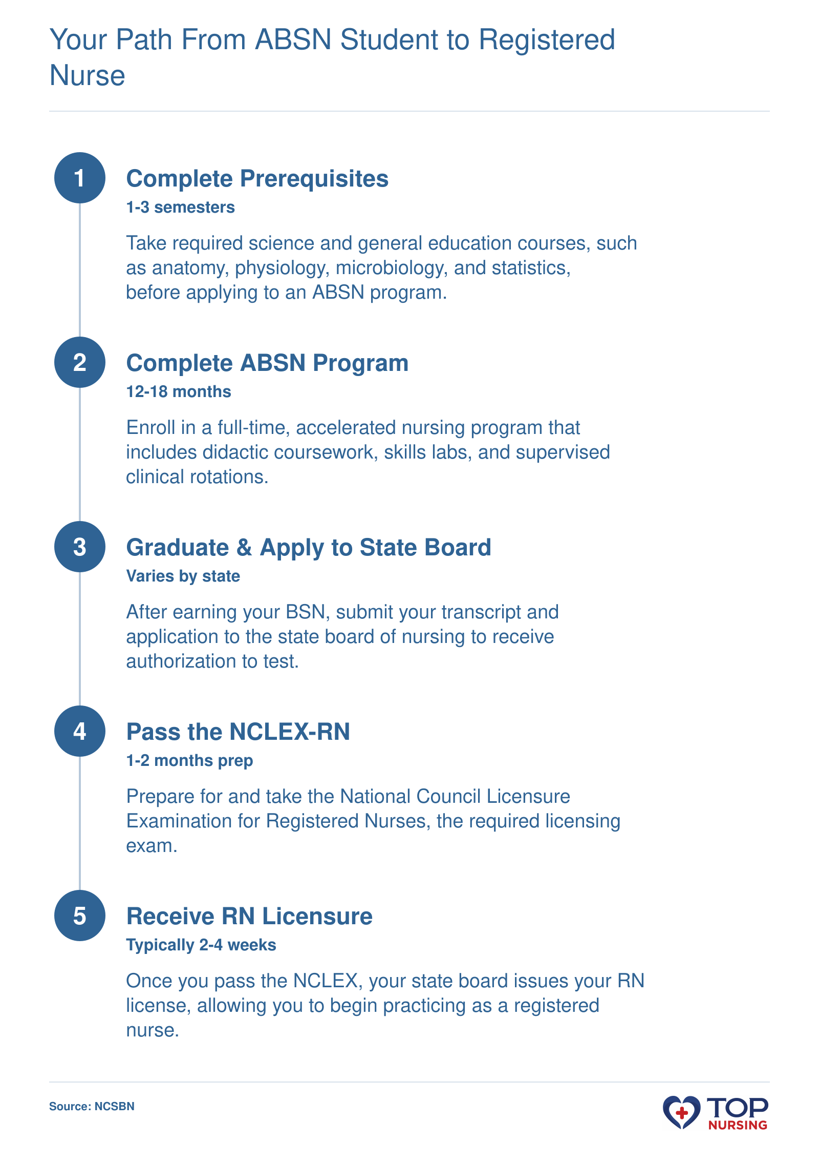 Step-by-step timeline of the ABSN-to-RN process: prerequisites, accelerated program, clinicals, graduation, NCLEX, and licensure.