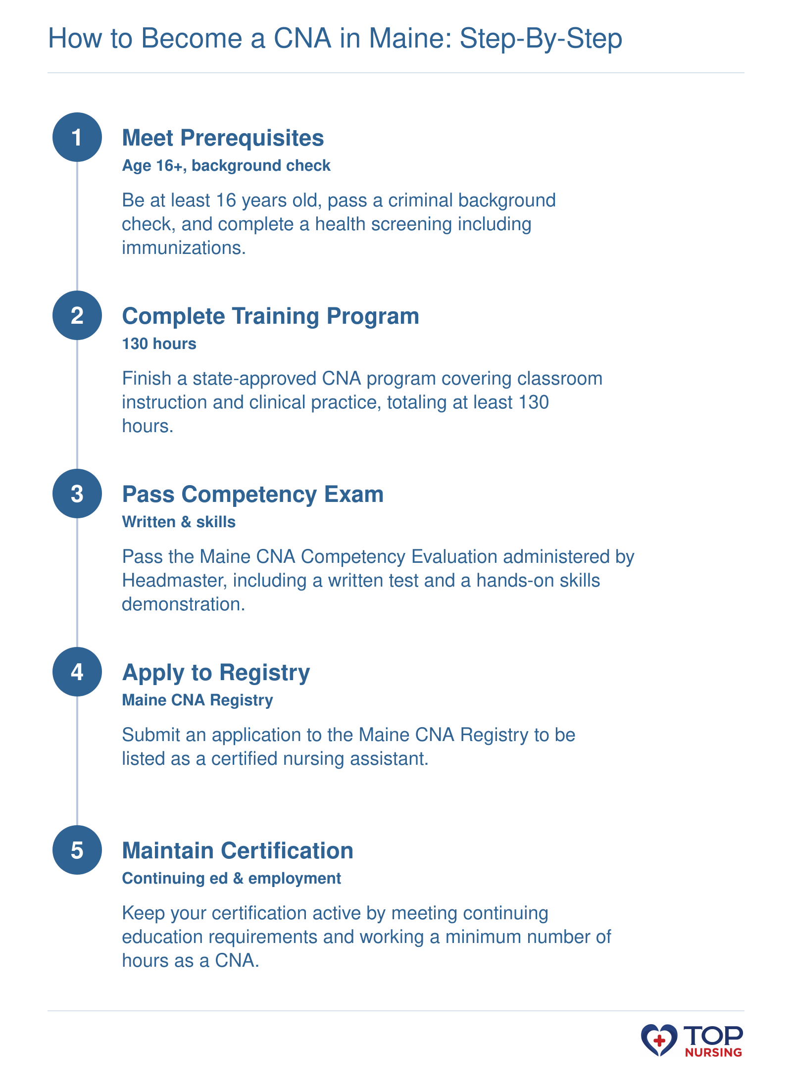 Five steps to become a CNA in Maine: meet prerequisites, complete training, pass competency exam, apply to registry, maintain certification