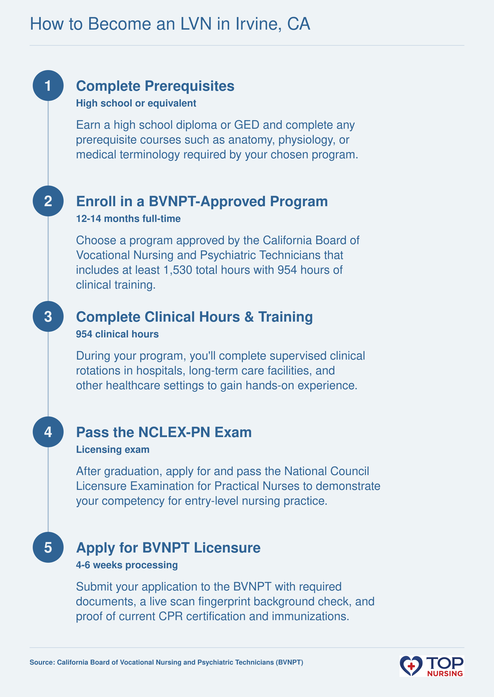 Step-by-step guide to LVN licensure in California: prerequisites, BVNPT program, clinical hours, NCLEX-PN, and licensure application.